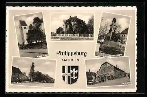 AK Philippsburg am Rhein, evang. Kirche, Forsthaus, Kriegerdenkmal 1870 /71, Turnhalle