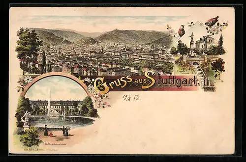 Lithographie Stuttgart, Ortsansicht aus der Vogelschau, Residenzschloss