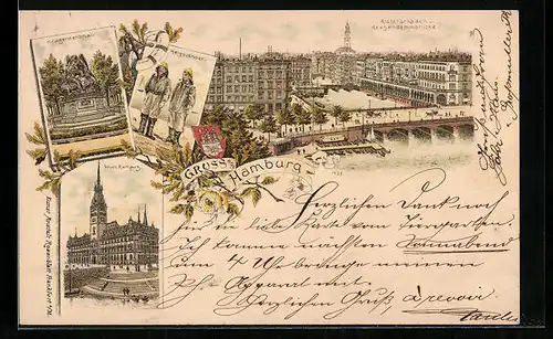 Lithographie Hamburg, Alsterarkaden & Reesendammbrücke, Neues Rathaus, Kriegerdenkmal & Helgoländer