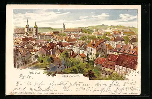 Lithographie Ansbach, Totalansicht der Stadt