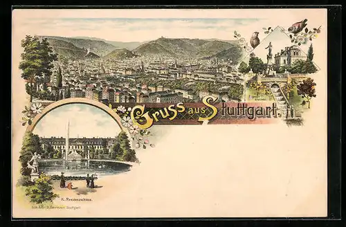 Lithographie Stuttgart, Eugensbrunnen und K. Residenzschloss