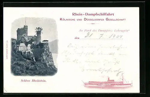 AK Schloss Rheinstein, Salondampfer Lohengrin