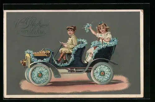 Künstler-AK Neujahrsgratulanten fahren im blumengeschmückten Auto vor