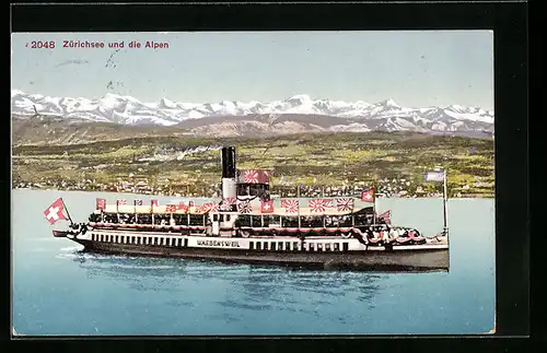 AK Binnenschiff Waedensweil auf dem Zürichsee und Alpen