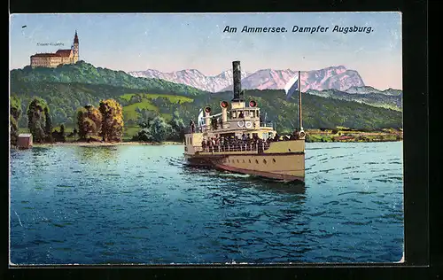 AK Ammersee, Der Dampfer Augsburg mit dem Kloster Andechs