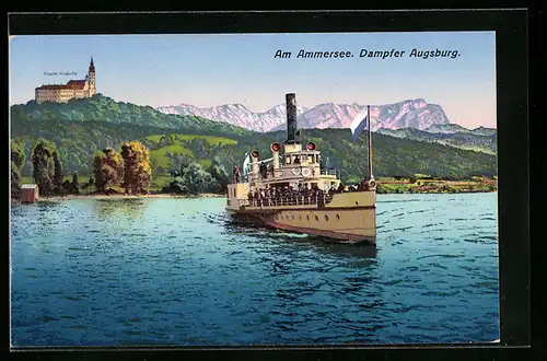 AK Ammersee, Der Dampfer Augsburg mit dem Kloster Andechs