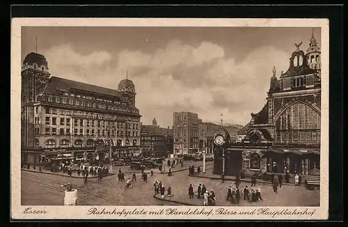 AK Essen, Bahnhofsplatz mit Handelshof, Börse und Hauptbahnhof