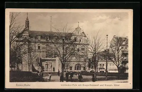 AK Essen /Ruhr, Limbecker Platz mit Krupp-Denkmal und Krupps Hotel