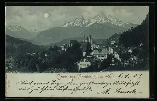 Mondschein-AK Berchtesgaden, Ortsansicht mit Alpenblick