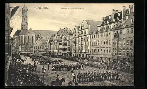 AK Augsburg, Militärparade in der Oberen Maximilianstrasse