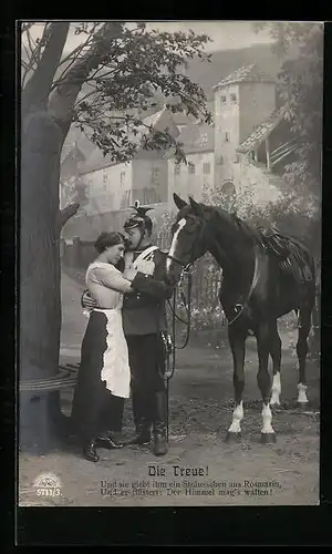Foto-AK R & K / L Nr. 5711/3: Soldat umarmt Frau, Pferd