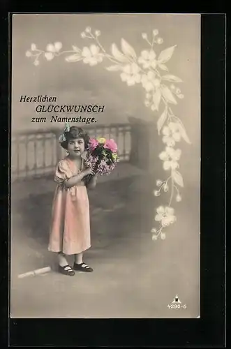 Foto-AK Photochemie Berlin Nr. 4290-6: Kleines Mädchen mit Blumen, Namenstagsgruss