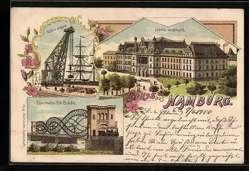 Lithographie Hamburg-Neustadt, Riesen-Krahn, Justizgebäude, Elb-Brücke