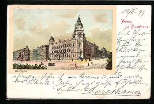 Lithographie Hamburg-Neustadt, Hauptpost mit Strasse