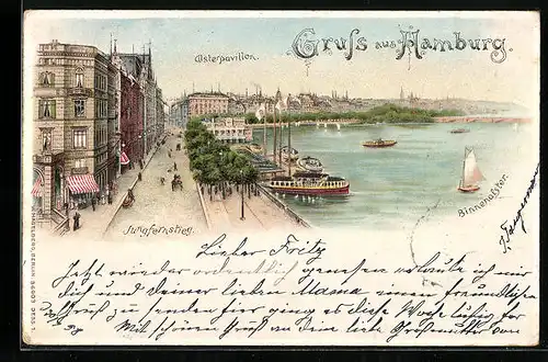 Lithographie Hamburg-Neustadt, Jungfernsteig mit Alsterpavillon und Binnenalster