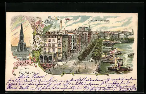 Lithographie Hamburg, Nicolai-Kirche, Alter Jungfernstieg