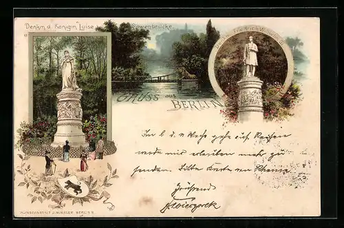 Lithographie Berlin-Tiergarten, Löwenbrücke im Mondschein, Denkmal Königin Luise, Wappen