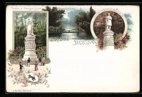 Lithographie Berlin-Tiergarten, Löwenbrücke im Mondschein, Denkmal Königin Luise und Friedrich Wilhelm III., Wappen