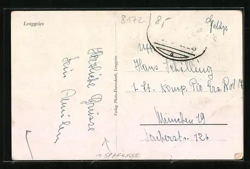 AK Lenggries, Ortspartie mit Sparkasse im Winter