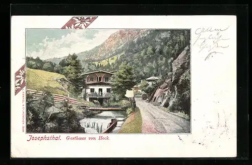 Künstler-AK Josefsthal, Gasthaus von Hock mit Fluss und Strasse