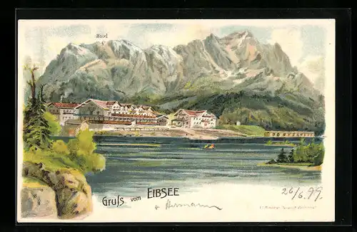 Lithographie Eibsee, Hotel am Eibsee mit Bergpanorama