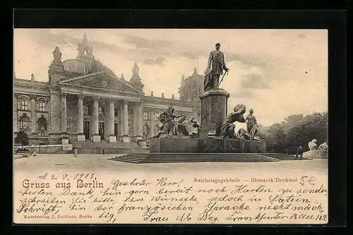 AK Berlin, Reichstagsgebäude und Bismarck-Denkmal