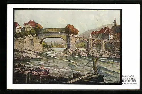 Künstler-AK Laufenburg, Alte Rheinbrücke mit Häusern