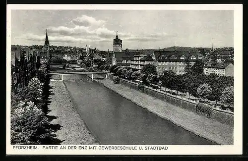 AK Pforzheim, Partie an der Enz mit Gewerbeschule und Stadtbad