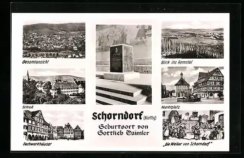 AK Schorndorf /Württ., Gesamtansicht, Fachwerkhäuser, Daimler-Denkmal