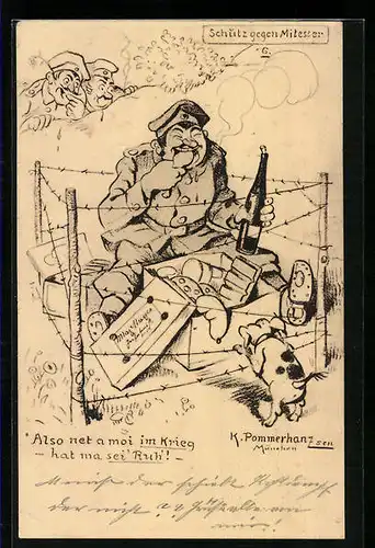 Künstler-AK Karl Pommerhanz: Umzäunter Soldat geniesst sein Essen