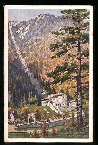 Künstler-AK Karl Ludwig Prinz: Talstation der Raxbahn, Seilbahn