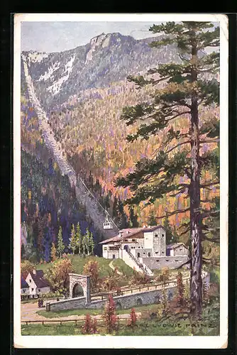 Künstler-AK Karl Ludwig Prinz: Talstation der Raxbahn, Seilbahn