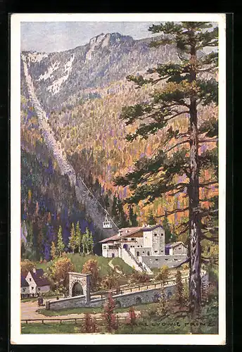Künstler-AK Karl Ludwig Prinz: Talstation der Raxbahn, Seilbahn