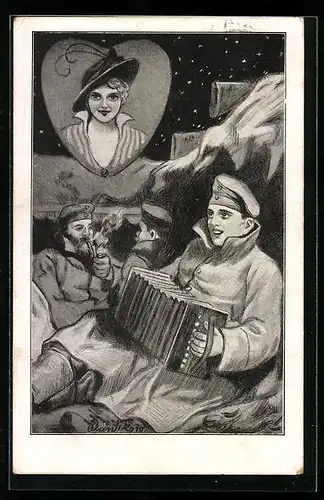 Künstler-AK Plantikow: Soldat denkt an sein Liebchen, Akkordeon