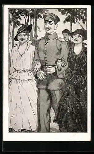 Künstler-AK Plantikow: Soldat mit zwei hübschen Damen