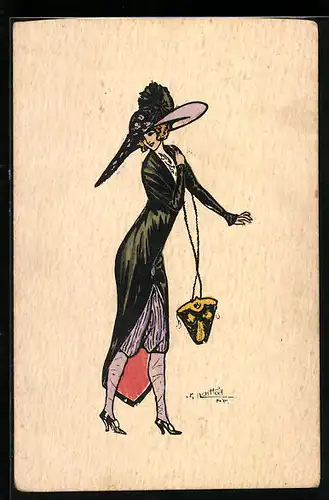 Künstler-AK Charles Naillod: Elegante Dame mit Hut und Tasche
