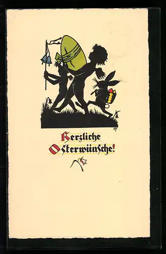 Künstler-AK A. Ost: Ostergruss, Elf mit Osterei, Osterhase