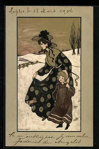 Künstler-AK Ethel Parkinson: Homeward Bound, Frau und Tochter im Winter
