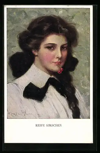 Künstler-AK Clarence F. Underwood: Reife Kirschen im Mund einer jungen Frau