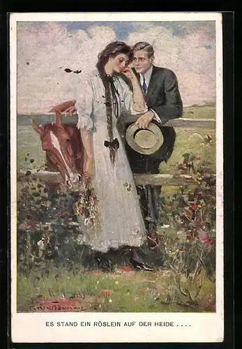 Künstler-AK Clarence F. Underwood: How to know the wild flowers, Mann mit Pferd und Frau am Zaun