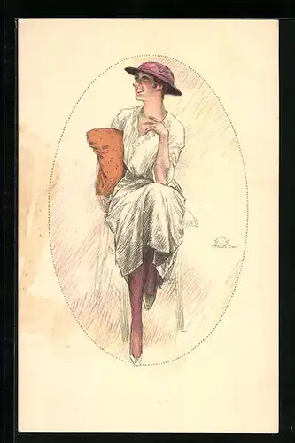 Künstler-AK Plantikow: Dame mit Hut auf einem Stuhl