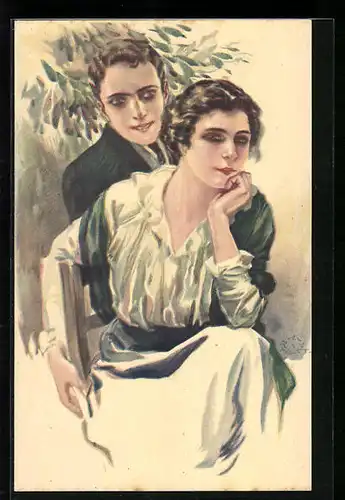 Künstler-AK Plantikow: Dame und Herr im Wintergarten