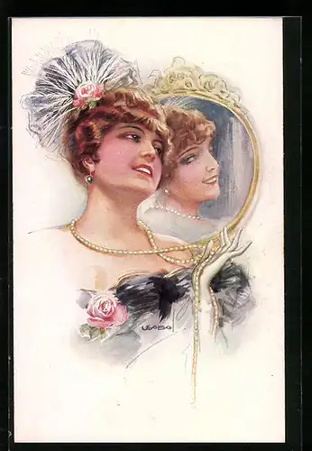 Künstler-AK Luis Usabal: Schöne Frau mit Hut an Spiegel gelehnt