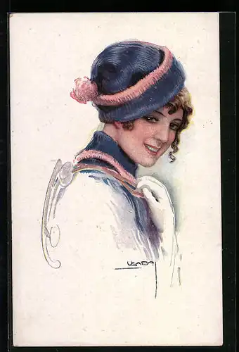 Künstler-AK Luis Usabal: Hübsche Frau mit blauer Mütze