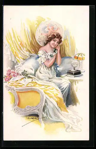 Künstler-AK Luis Usabal: Frau telefoniert im Schlafzimmer