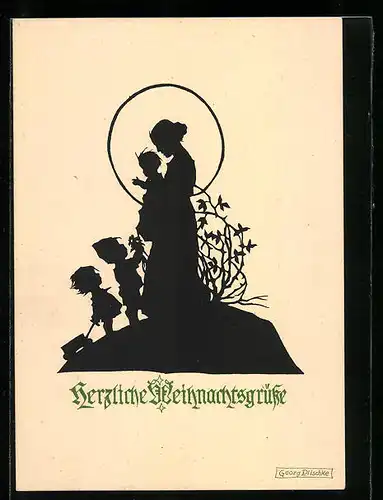 Künstler-AK Georg Plischke: Mutter mit drei Kindern, Schattenbild, Weihnachtsgruss