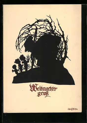 Künstler-AK Georg Plischke: Riese, Kinder und Engelchen, Weihnachtsgruss, Schattenbild