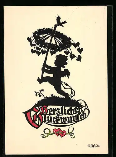 Künstler-AK Georg Plischke: Engel mit Kranz und Singvogel, Schattenbild