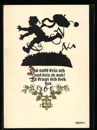 Künstler-AK Georg Plischke: Schulkind läuft vor dem ABC davon, Schattenbild