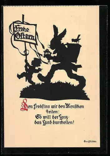 Künstler-AK Georg Plischke: Osterhase und Elfe, Schattenbild, Ostergruss